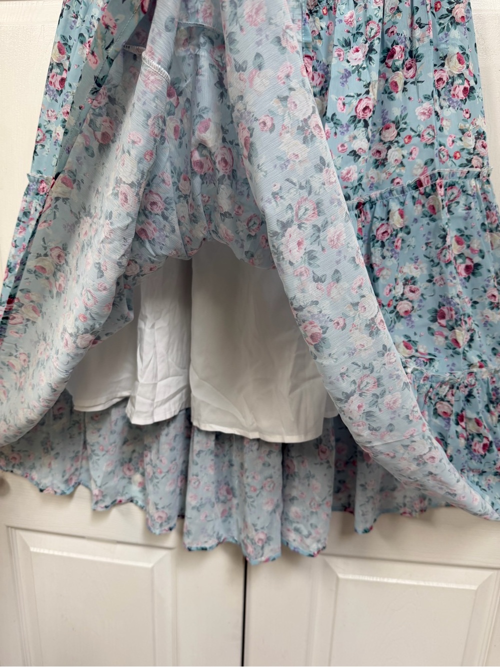 Scarlet Darkness Floral Tiered Maxi Skirt Size S Light Blue with Pink Roses - Picture 6 of 9